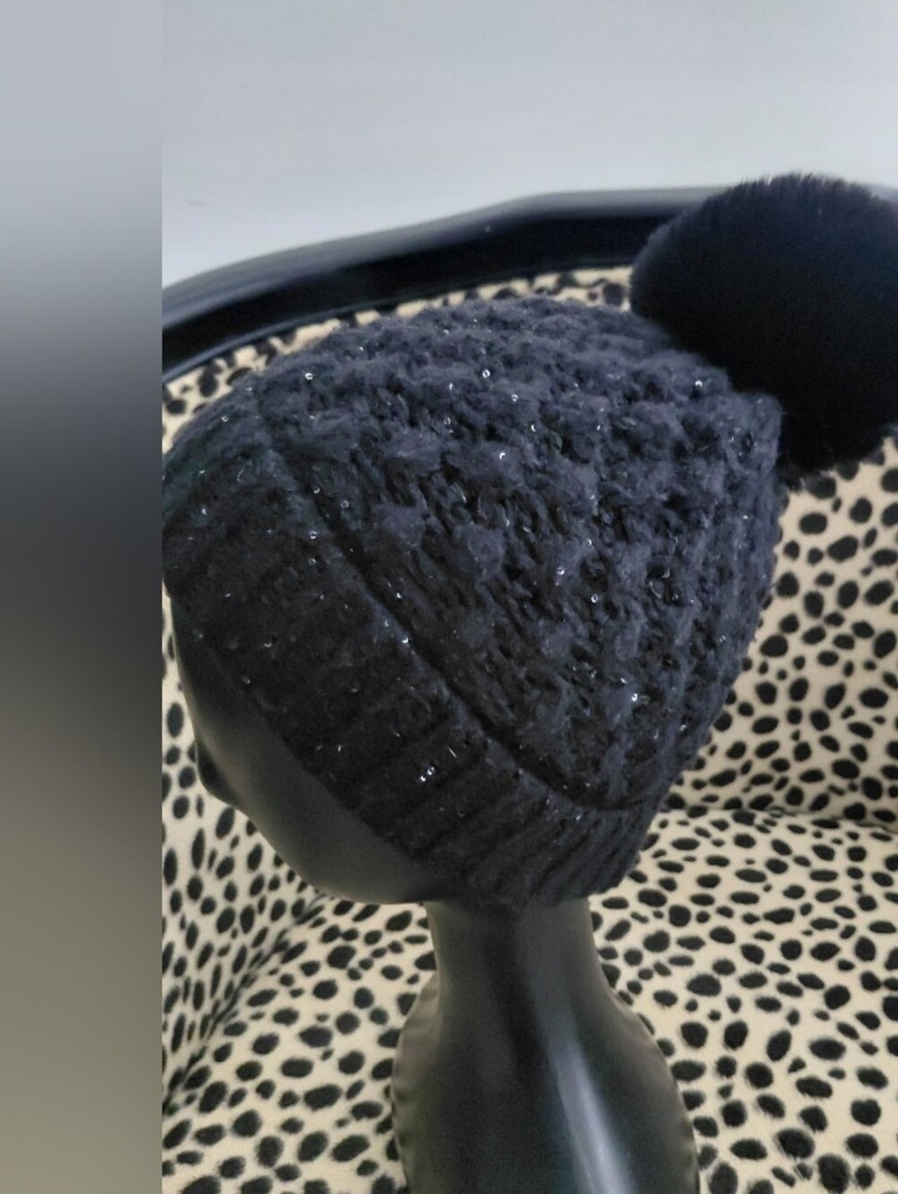 Black Pom-Pom Knit Beanie with Subtle Sparkle - Women